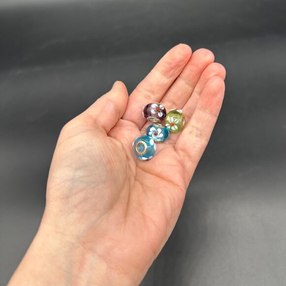 Glass Beads Polka Dot Sterling Silver 925 Charms Bracelet Or Necklace Flowers - Picture 5 of 7